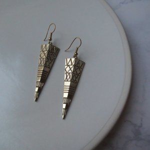 Bright Brass Dark Gold Long Triangle Aztec Drop Earrings
